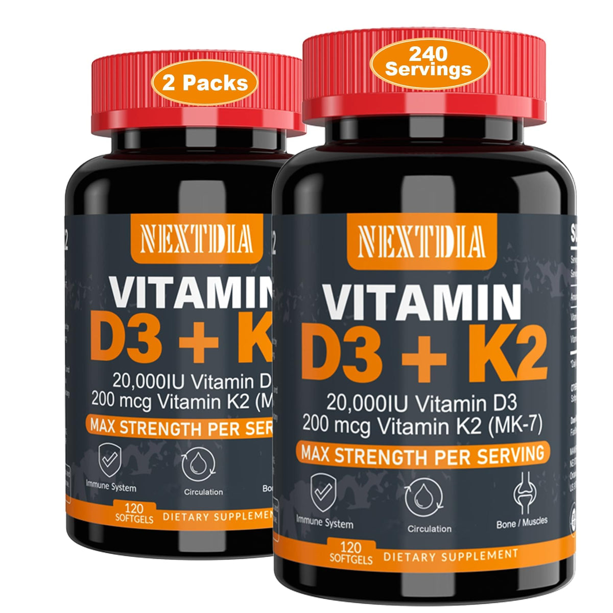 NextDia Vitamin D3 (20,000 IU) + K2 (200 mcg) – 120 softgels