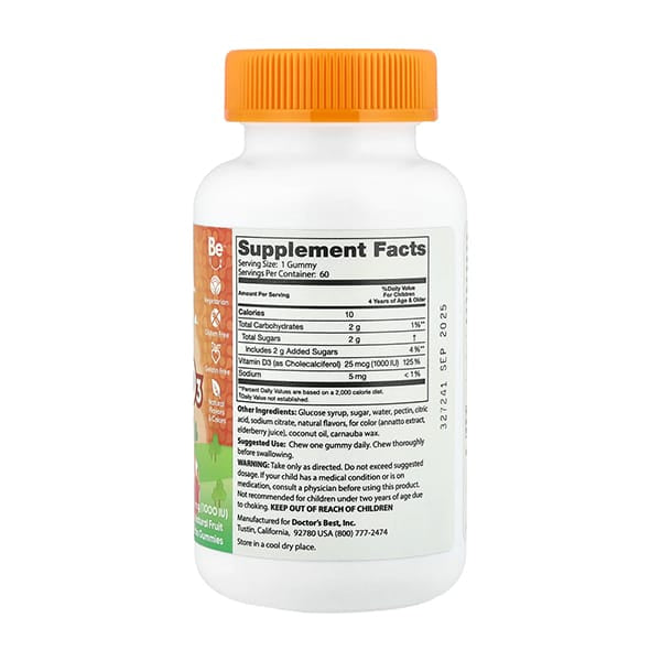 Doctor's Best Doc's Kids, Vitamin D3 Gummies, All Natural Fruit, 25 mcg (1,000 IU), 60 Natural Fruit Pectin Gummies