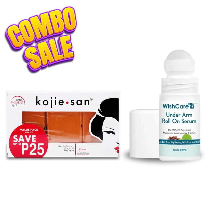Kojie San Facial Beauty Soap 3 Bars Per Pack 65g & WishCare Under Arm Roll On Serum 50ml Combo