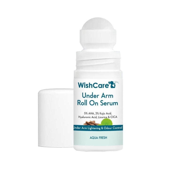 WishCare Underarm Roll On Serum - 5% AHA, 3% Kojic Acid, HA, Licorice - Underarm Lightening & Odour Control - Long Lasting Aqua Fragrance-50ml