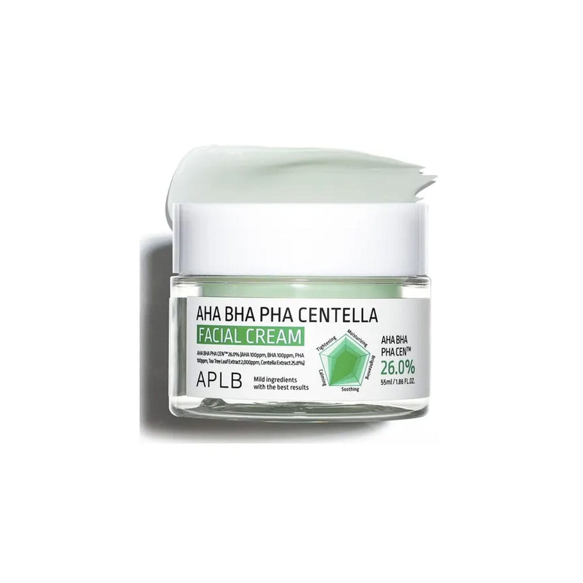 APLB AHA BHA PHA Centella Facial Cream 55ml is a gentle yet effective cream designed to exfoliate, soothe, and nourish your skin. Infused with