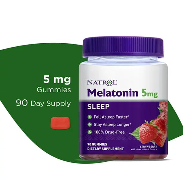 Natrol Melatonin Sleep Aid Gummy, Fall Asleep Faster, Stay Asleep Longer Strawberry Flavored 5mg, 90 Gummies