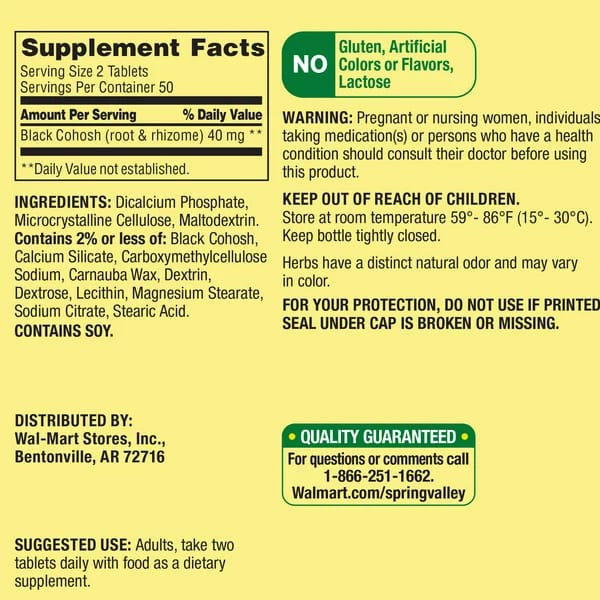 Spring Valley Black Cohosh 40mg 100 Tablets