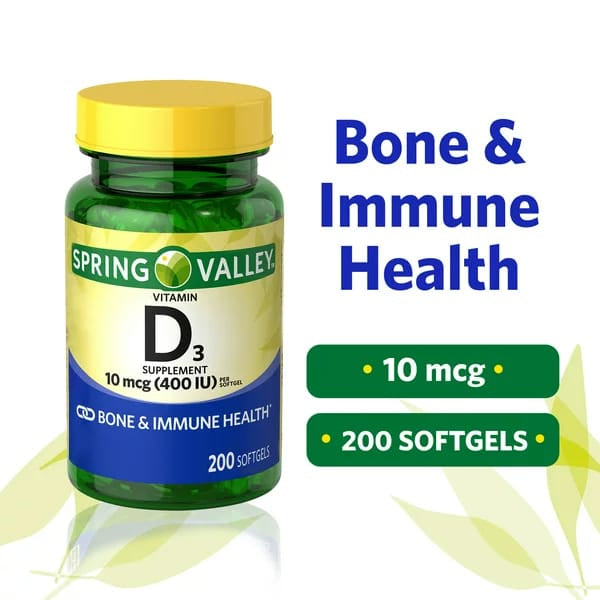 Spring Valley Vitamin D3 Supplement 10 mcg (400 IU) 200 Softgels