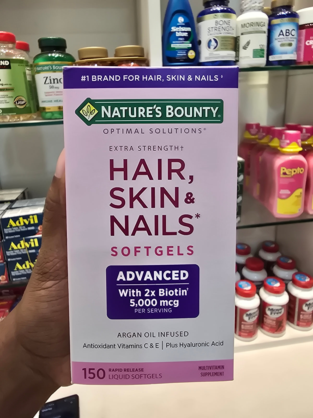 Nature's Bounty Advanced Hair, Skin & Nails, Argan-Infused Vitamin Supplement with Biotin and Hyaluronic Acid, 150 Rapid Release Softgels