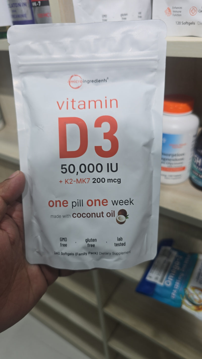 Micro Ingredients Vitamin D3 + K2 (50,000 IU + 200 mcg) – 240 softgels