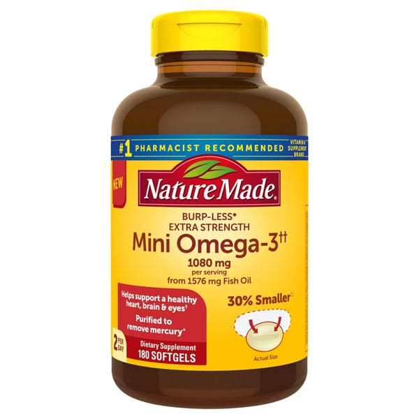 Nature Made Burp-Less Extra Strength 1080mg Mini Omega 3 Fish Oil 180 Softgels