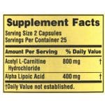Spring Valley Acetyl L-Carnitine HCI & Alpha Lipoic Acid Dietary Supplement 50 Capsules