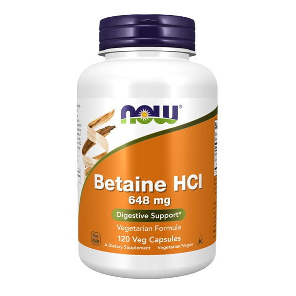 Now Betaine HCl 648 mg 120 Veg Capsules in bd