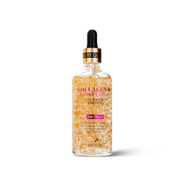 3W Clinic Collagen & Luxury 24K Gold Anti Wrinkle Ampoule 100ml firms skin, reduces wrinkles, and boosts radiance for a youthful glow.