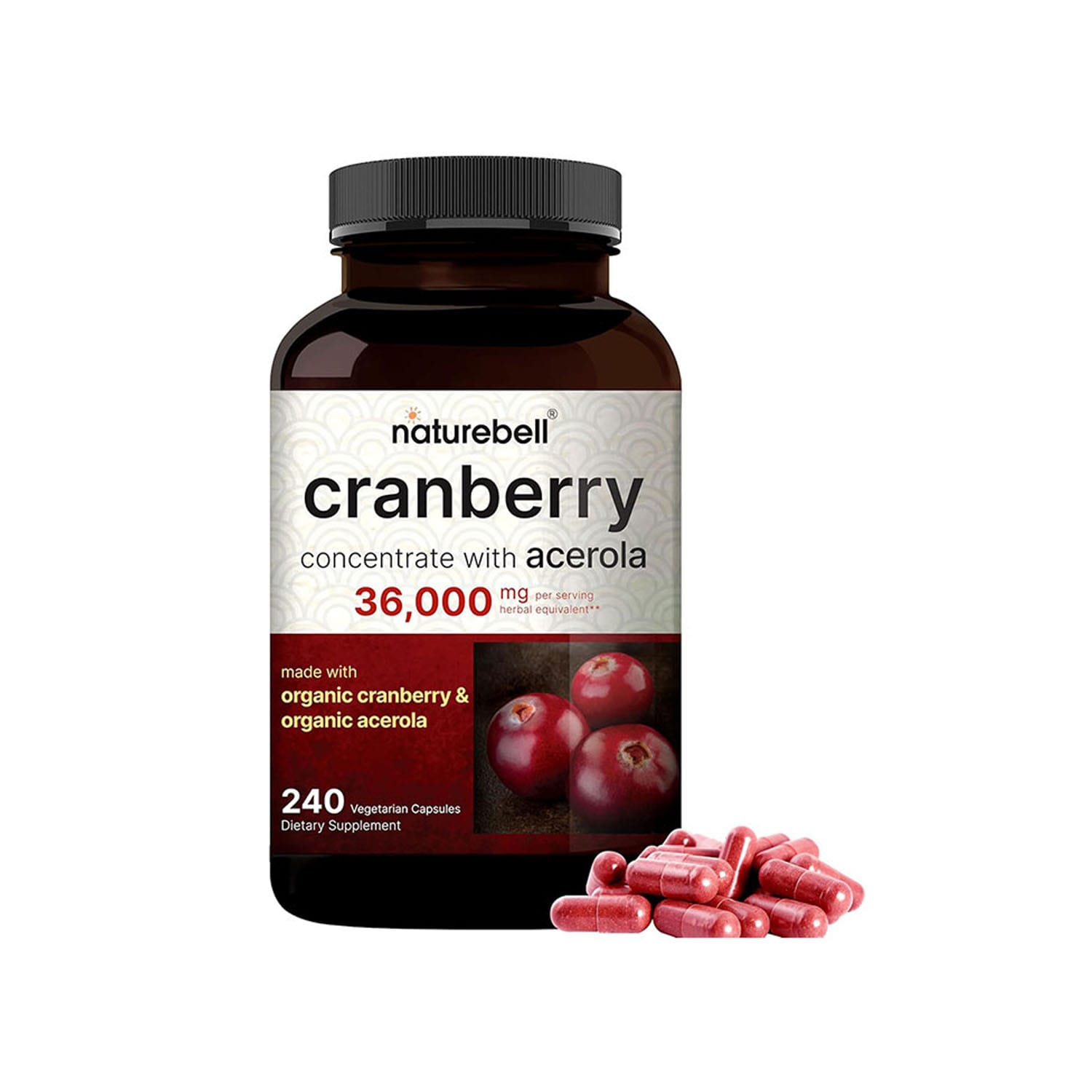 NatureBell-Cranberry-Pills-36000mg-with-Acerola-240-Veggie-Capsules.jpg NatureBell Cranberry Pills 36,000mg with Acerola 240 Veggie Capsules - Image 1
